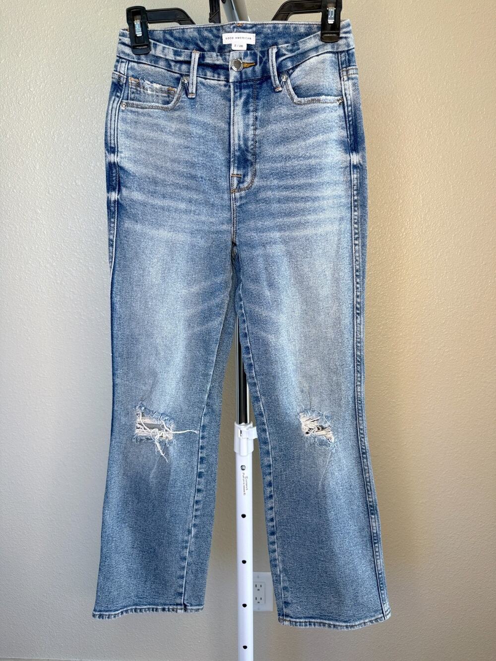 Good American Good Boy Medium Wash Distressed Straight Jeans Size 2 / 26